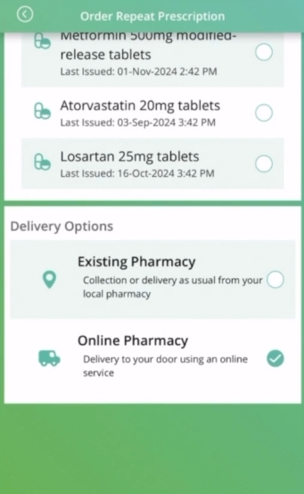Screenshot of the delivery options for ordering repeat prescriptions online with the Evergreen Life app