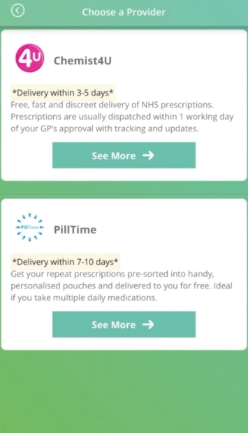 A screenshot of choosing a provider as an online pharmacy partner when ordering repeat prescriptions online using the Evergreen Life app.