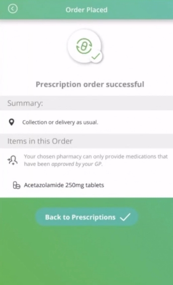 Screenshot of the repeat prescriptions Order Placed screen in the Evergreen Life app to illustrate the answer to the question how do I order repeat prescriptions online with the Evergreen Life app.