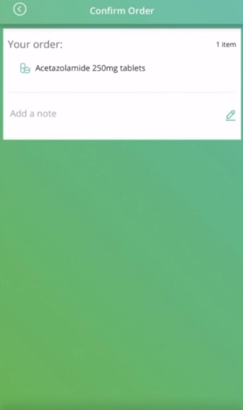 Screenshot of the confirm order screen when ordering repeat prescriptions online in the Evergreen Life app.