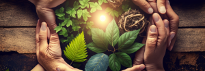 Hands belonging to people of different ages touching, linked in a circle with the sun and green leaves and plants in the centre to represent Earth Day.