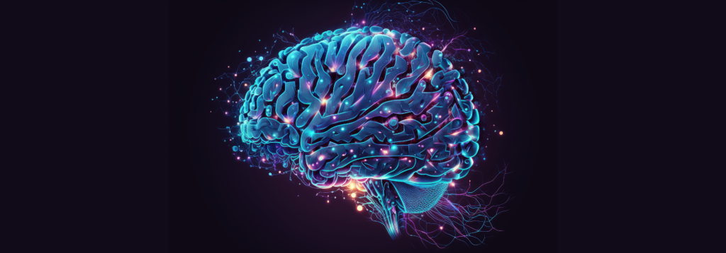 A computer generated image of a human brain lit up with energy and light on a dark blue background to illustrate healthy brain habits and brain health.