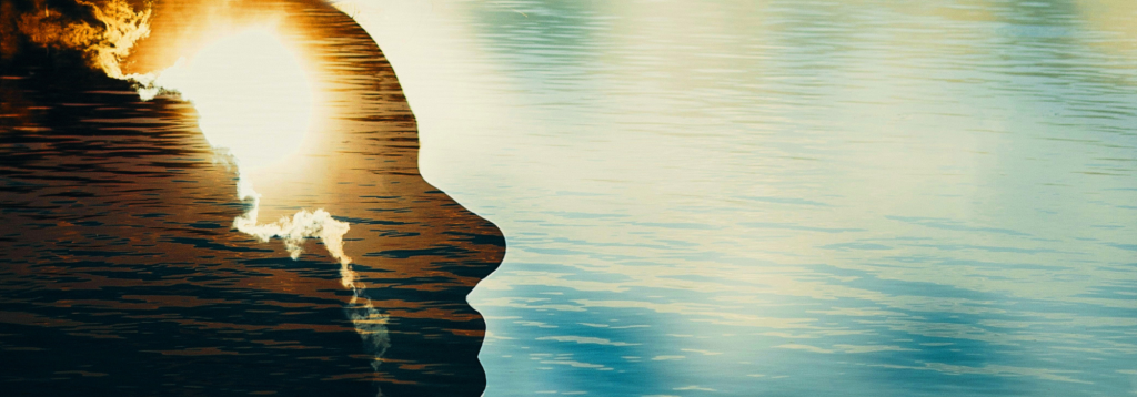 Silhouette of a person's face with the sun rising inside it against the backdrop of a calm sea to represent headache prevention / how to prevent headaches successfully / being free of headaches.