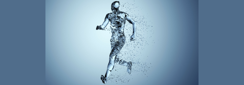 How to stay hydrated. Computer generated image of a human body shape me out of water running on a blue background.