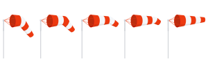 An illustration of five orange and white striped wind socks each at different stages of floppiness to erectness, at different degrees of windiness.