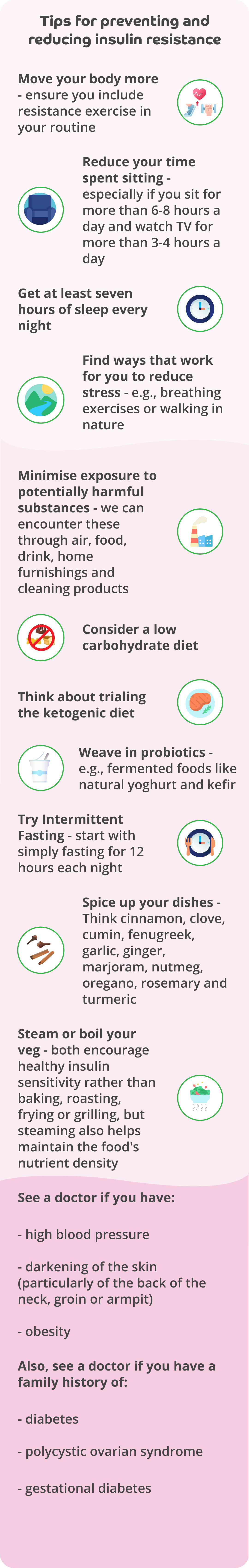 A pale pink infographic with the title: Tips for preventing and reducing insulin resistance
The tips include: Move your body more - ensure you include resistance exercise in your routine, an icon representing exercise.
Reduce your time spent sitting - especially if you sit for more than 6-8 hours a day and watch TV for more than 3-4 hours a day. An icon of a chair.
Get at least seven hours of sleep every night, an icon of a clock.
Find ways that work for you to reduce stress, e.g. breathing exercises or walking in nature. An icon of a countryside scene.
Minimise exposure to potentially harmful substances - we can encounter these through air, food, drink, home furnishings and cleaning products, an icon of a factory with smoke emanating from a chimney.
Consider a low carbohydrate diet, an icon of high carb, refined foods with a red line through it.
Think about trialing the ketogenic diet, an icon of a plate of meat.
Weave in probiotics, e.g. fermented foods like natural yoghurt and kefir. An icon of a tub of yoghurt.
Try Intermittent Fasting - Start with simply fasting for 12 hours each night. An icon of a clock with cutlery next to it.
Spice up your dishes, think cinnamon, clove, cumin, fenugreek, garlic, ginger, marjoram, nutmeg, oregano, rosemary, and turmeric. An icon of spices.
Steam or boil your veg - both encourage healthy insulin sensitivity rather than baking, roasting, frying or grilling, but steaming also helps maintain the food's nutrient density. An icon of a steamed bowl of veggies.
See a doctor if you have: high blood pressure; darkening of the skin (particularly of the back of the neck, groin, or armpit); obesity.
Also, see a doctor if you have a family history of: diabetes; polycystic ovarian syndrome; gestational diabetes.