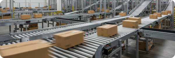 A distribution centre with lots of cardboard boxes on a conveyor belts. 