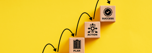 Wooden cubes arranged in an 'upwards' direction on a yellow background with icons and the words 'Plan', 'Action', 'Success' on each of them. Arrows connect each one.
