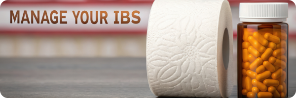 The words 'Manage Your IBS' next to a toilet roll and a jar of pills. 