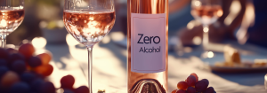 A bottle of rosé wine with the label 'zero alcohol' on it next to two glasses of the wine and some red grapes to represent how cutting down on alcohol may ease IBS symptoms.