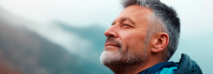 An image of a middle aged Caucasian man with greying hair in a blue coat outdoors looking content as he takes a deep breath to represent that quitting smoking may help ease IBS symptoms.
