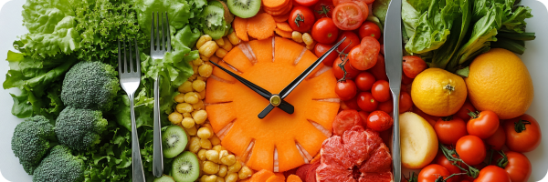 Two silver forks and a silver knife surrounded by green leafy vegetables, broccoli, slices of kiwi, sweetcorn, and cherry tomatoes. In the centre is a clockface on an orange vegetable to represent time-restricted eating. The time says ten past ten.