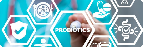 Different white icons including an icon of a spoon, plate and a fork, an icon of pills in a hand, an icon of an intestine with a tick in the middle, and an icon of a shield with a tick in the middle in hexagons. In the middle is a hexagon with the word 'Probiotics' in the centre. In the background, slightly out of focus, is a person's hand holding a pen with the nib pointing at the 'Probiotics' hexagon.