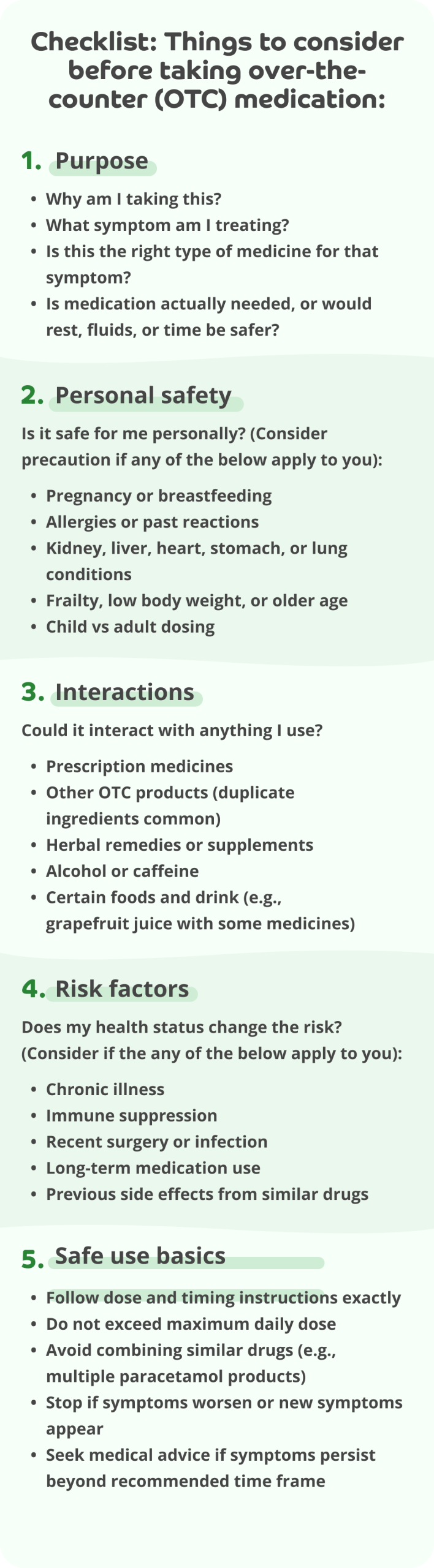 A graphic to represent how to take over the counter medicines safely titled 'Checklist: Things to consider before taking over-the-counter (OTC) medication:' The background alternates between light green and a slightly darker shade of green. The text on the graphic reads as follows: '1. Purpose' in bold highlighted in green with the following sentences as bullet points underneath it: Why am I taking this? What symptom am I treating? Is this the right type of medicine for that symptom? Is medication actually needed, or would rest, fluids, or time be safer? '2. Personal safety' in bold highlighted in green with the following sentence underneath it: 'Is it safe for me personally? (Consider precaution if any of the below apply to you)' with the following bullet points below it: Pregnancy or breastfeeding, Allergies or past reactions, Kidney, liver, heart, stomach, or lung conditions, Frailty, low body weight, or older age, Child vs adult dosing. '3. Interactions'  in bold highlighted in green with the following sentence underneath it: 'Could it interact with anything I use?' with the following bullet points below it: Prescription medicines, Other OTC products (duplicate ingredients common), Herbal remedies or supplements, Alcohol or caffeine, Certain foods and drink (e.g., grapefruit juice with some medicines). '4. Risk factors' in bold highlighted in green with the following sentence as underneath it: 'Does my health status change the risk? (Consider if the any of the below apply to you):' with the following bullet points below it: Chronic illness, Immune suppression, Recent surgery or infection, Long-term medication use, Previous side effects from similar drugs. '5. Safe use basics' in bold highlighted in green with the following bullet points underneath it with the first one highlighted in green: Follow dose and timing instructions exactly, Do not exceed maximum daily dose, Avoid combining similar drugs (e.g., multiple paracetamol products), Stop if symptoms worsen or new symptoms appear, Seek medical advice if symptoms persist beyond recommended timeframe.