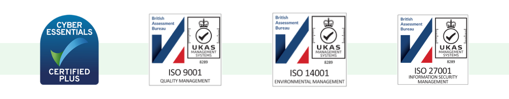 A collection of security certification badges such as cyber security and ISO certificates.