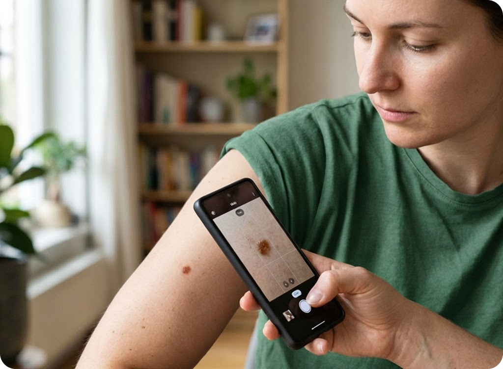 A lady taking a picture of her mole with her smartphone